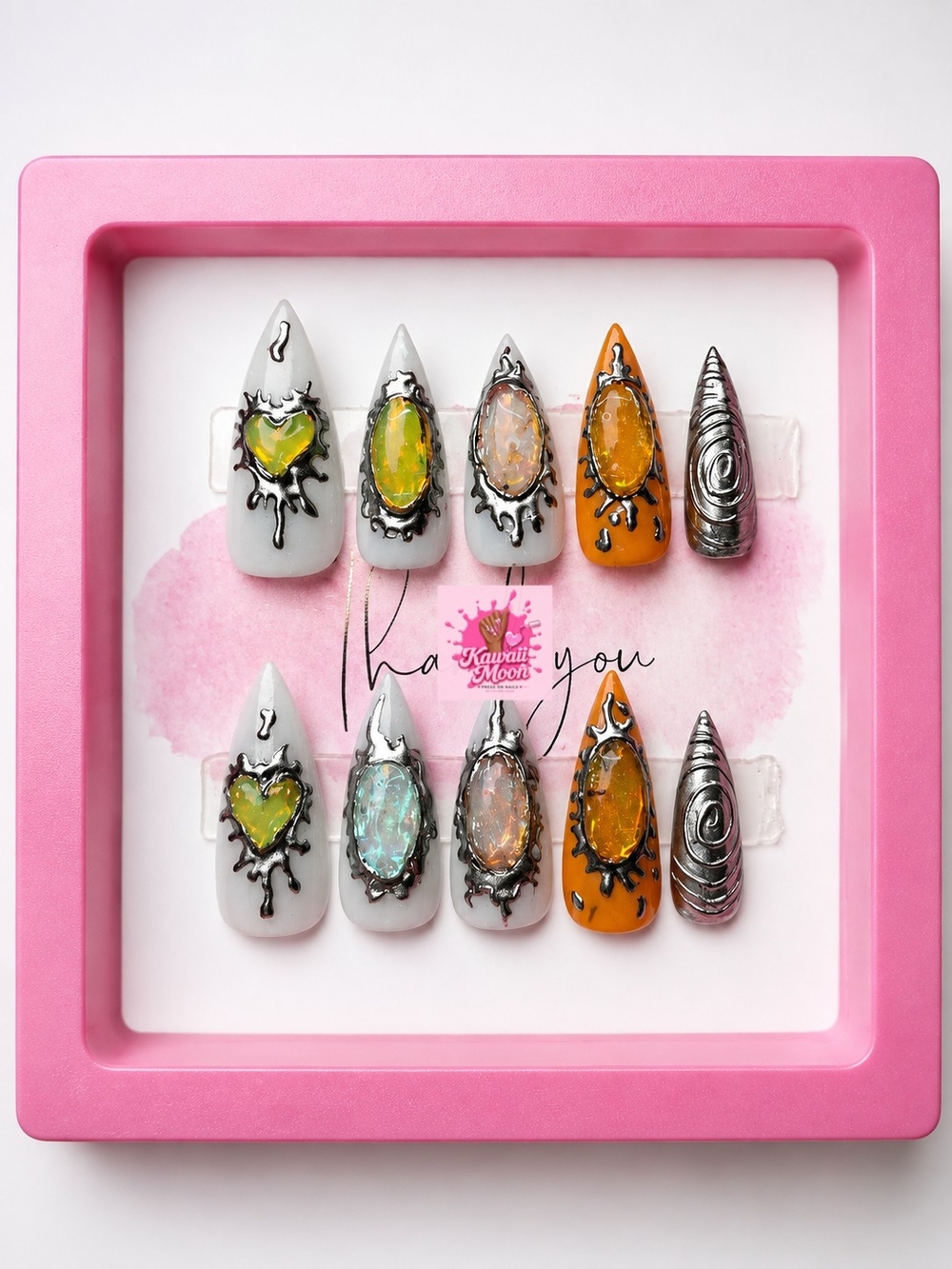 Kids False Nail Set – White, Orange & Silver Gem Accents